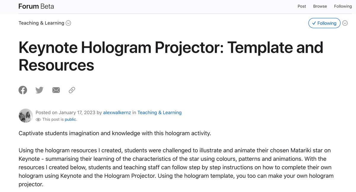 My first post to the Apple Education Community Forum - a great place to be inspired for back to school ideas on using Apple to support teaching and learning education.apple.com/en/resource/25… <a href="/AppleEDU/">Apple Education</a> #AppleEDU #Keynote #Hologram