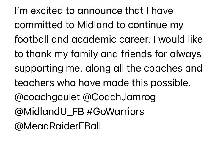CarrittLuke's tweet photo. @coachgoulet @CoachJamrog @MidlandU_FB #GoWarriors @MeadRaiderFBall https://t.co/woy9MOe0mh