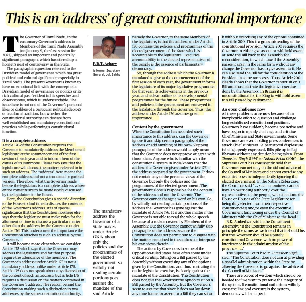 imRavikantYadav's tweet photo. 'This is an address of great Constitutional importance'
-well explained by Sh P.D.T Achary
#Governor #government
#Constitution #SpecialAddress #governorrnravi
#Article175 #Article176
#Polity
#UPSC #Upsc2023
Source: TH https://t.co/0XhGpalB0x