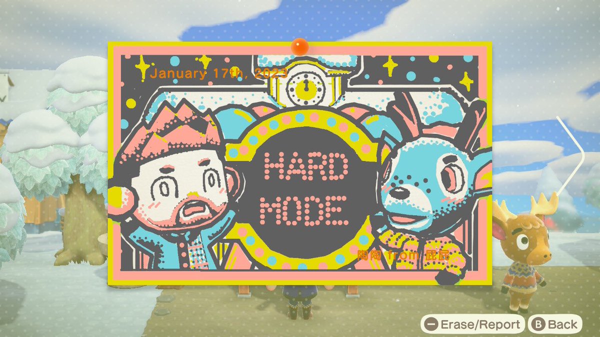 I couldn’t think of a better way to celebrate #ACNHHardMode than to have <a href="/taotaodeli/">TaoTao</a> do some artwork for my new island’s bulletin board. 

Forever grateful, friend! 😵‍💫🧡😆