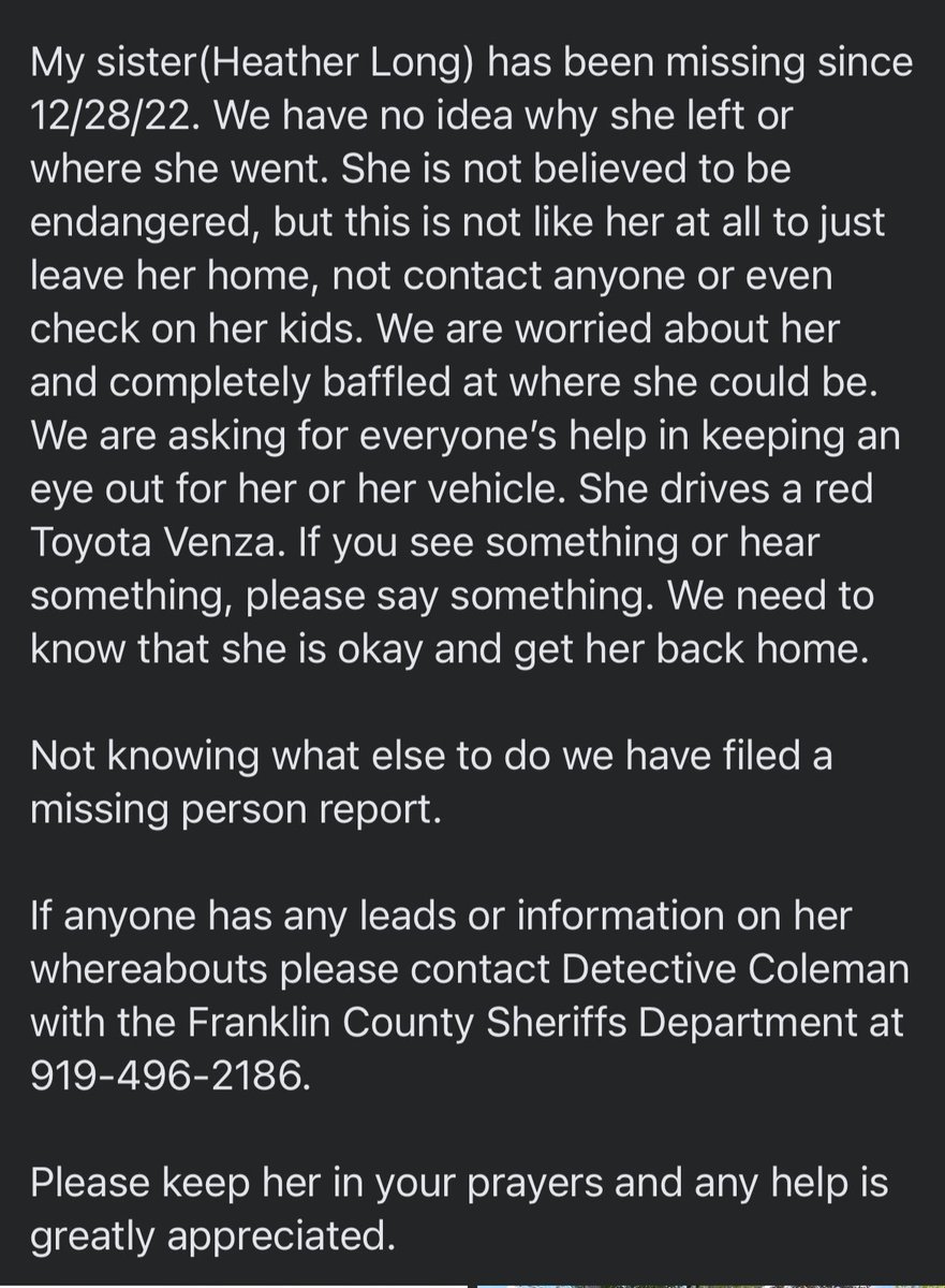 FranklinCoNews's tweet photo. Heather Long has been missing since 12/28/22. If anyone has any leads or information on her whereabouts please contact Detective Coleman with the Franklin County Sheriffs Department at 919-496-2186. https://t.co/AlRCNd4yj9