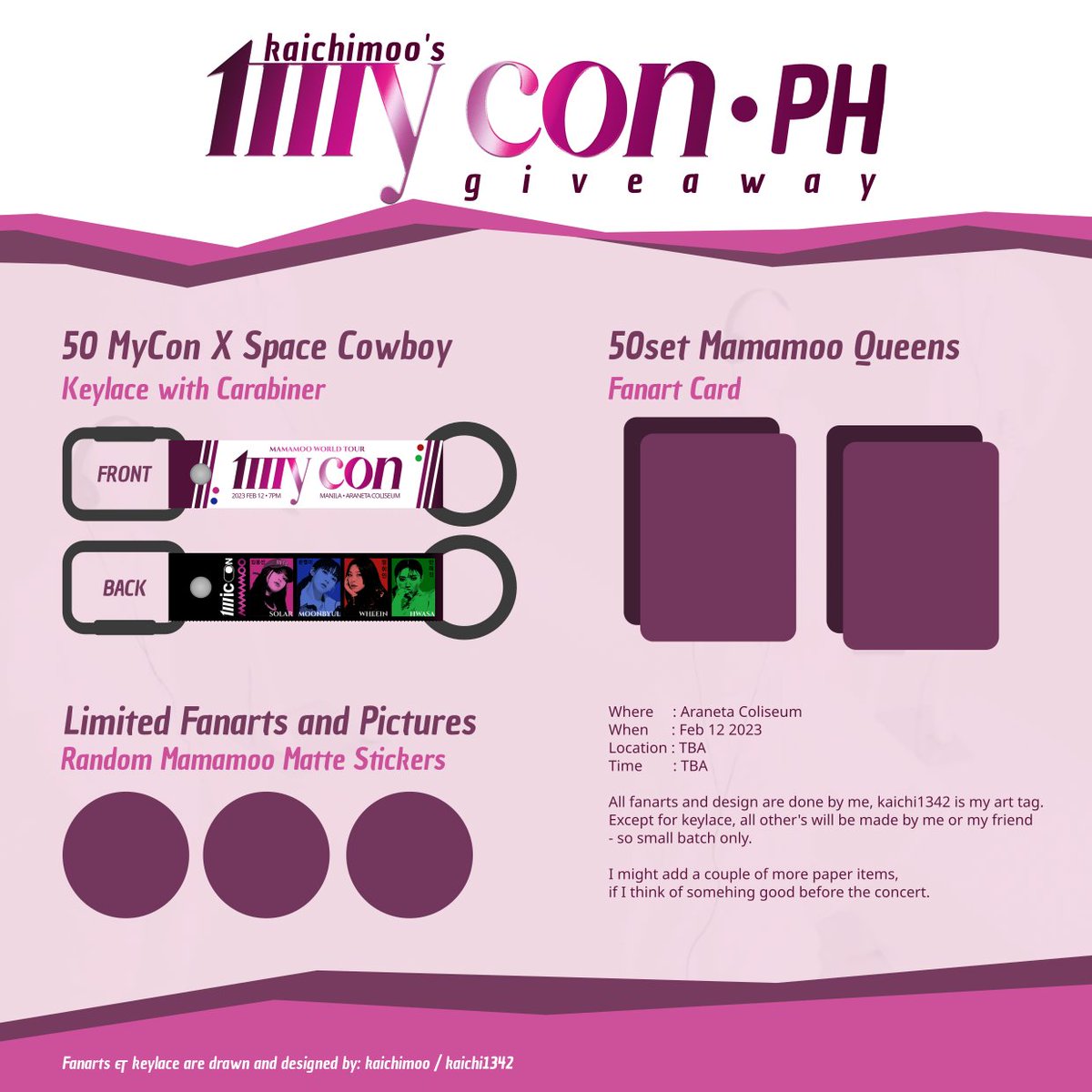 kaichimoo's tweet photo. Malapit na ang #MYCONinMNL , dahil dyan papa GA ako😂.
I'm giving away 50 MyCon KeyLaces, 50set [4pcs] Mamamoo Fanart card, Random Mamamoo Fanart and Picture Stickers. 
btw ako rin to @kaichi1342. Baka magdagdag pa ko if my maisip ako - suggest kayo. I'm shy irl ;A;
#MAMAMOOinPH https://t.co/aWaYWlxTgv