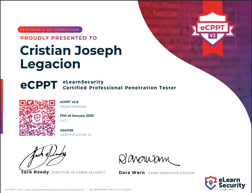 LegacionCj's tweet photo. I am now officially @eLearnSecurity
 #eCPPTv2 Certified! 

#elearnsecurity #networksecurity #penetrationtesting #pentesting #security https://t.co/aeTgeRWLxF
