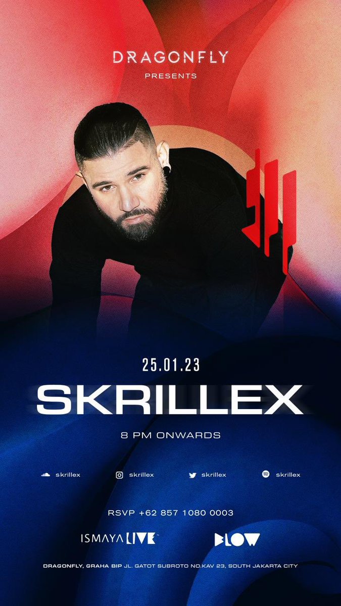 It’s finally happening, this year is going to be an iconic one. With his unique music genre, <a href="/Skrillex/">Skrillex</a> coming in hot to Indonesia only at Dragonfly Club Mark your calendar, 𝗪𝗘𝗗𝗡𝗘𝗦𝗗𝗔𝗬, 𝟮𝟱 𝗝𝗔𝗡𝗨𝗔𝗥𝗬 𝟮𝟬𝟮𝟯 you don’t want to miss this spectacular performance! 🔥🔥