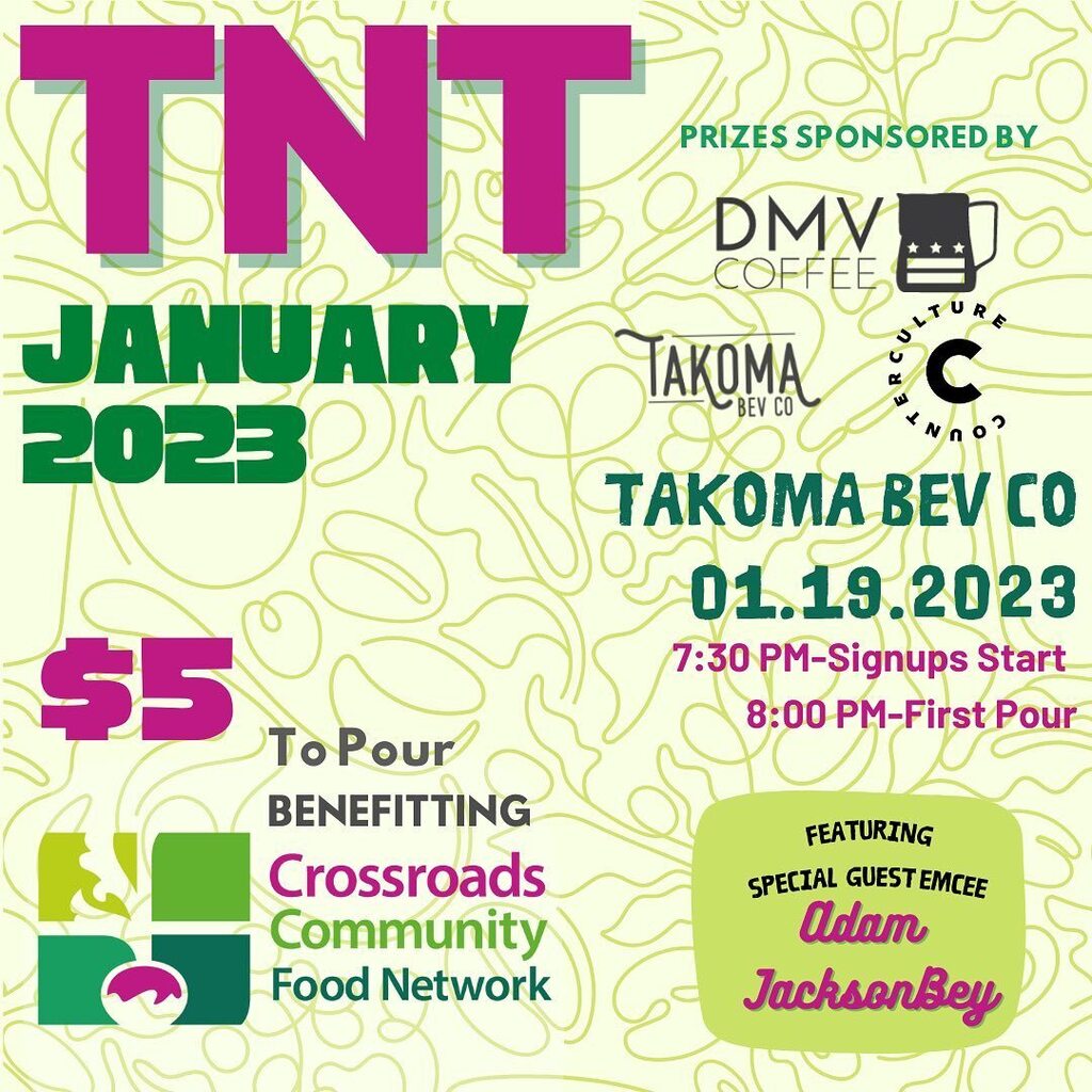 It’s 2023 and we are back BB!
This Thursday 01.19.2023 join us at <a href="/takomabevco/">Takoma Bev. Co.</a> for the first throw down of the year. Signups Start at 7:30 with the first pour at 8pm.
$5 buy ins support @crossroadsntwk 

Generous prizes provided by 
@counterculturecoffee… instagr.am/p/Cniv8MSOFOt/