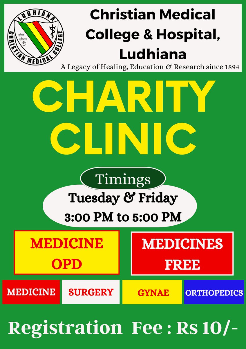 CMCLudhiana's tweet photo. Charity Clinic at Christian Medical College &amp; Hospital , Ludhiana every Tuesday and Friday 3 pm to 5 pm.
#cmcludhiana128years #CMCLudhiana #myworkisforaking #medical #patientcare #treatment #CharityClinic #charity #clinic #treatment #patientcare #patient
@williambhatti1 https://t.co/OT7IVX1FUa