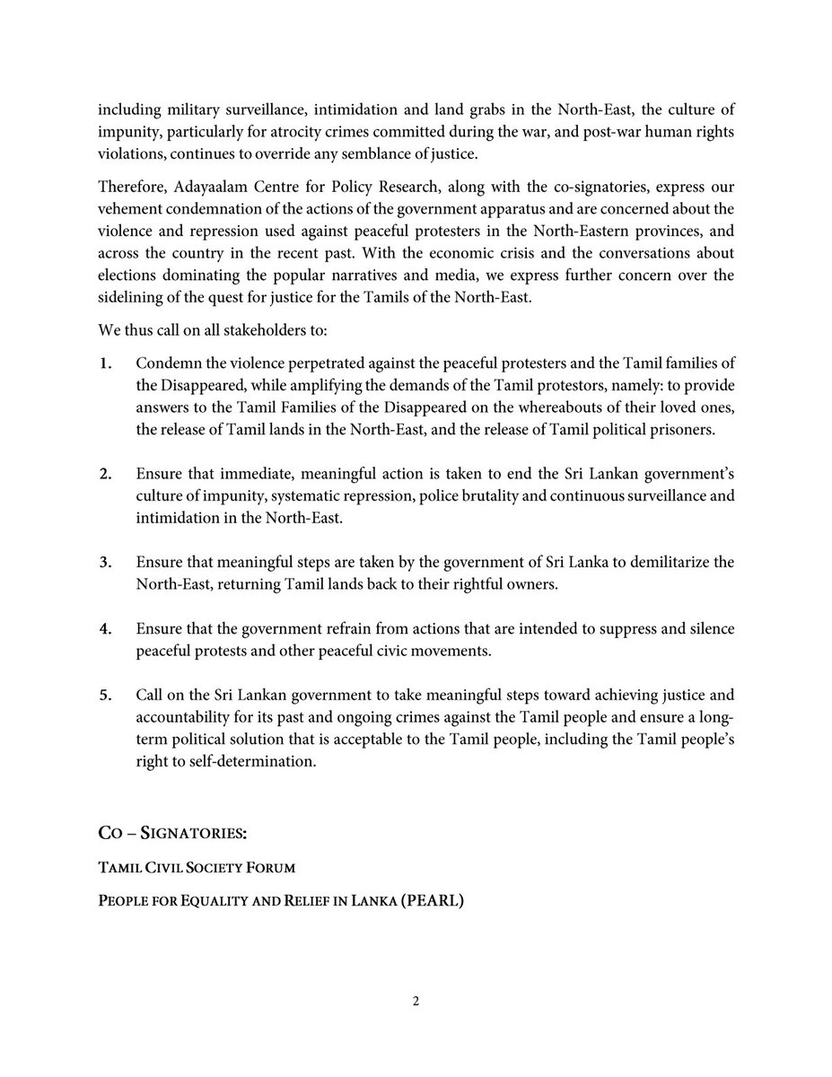 ACPR's statement condemning the actions of the Sri Lankan security apparatus against the peaceful protestors in Jaffna. 

#Srilankaprotests #familiesofthedisappeared