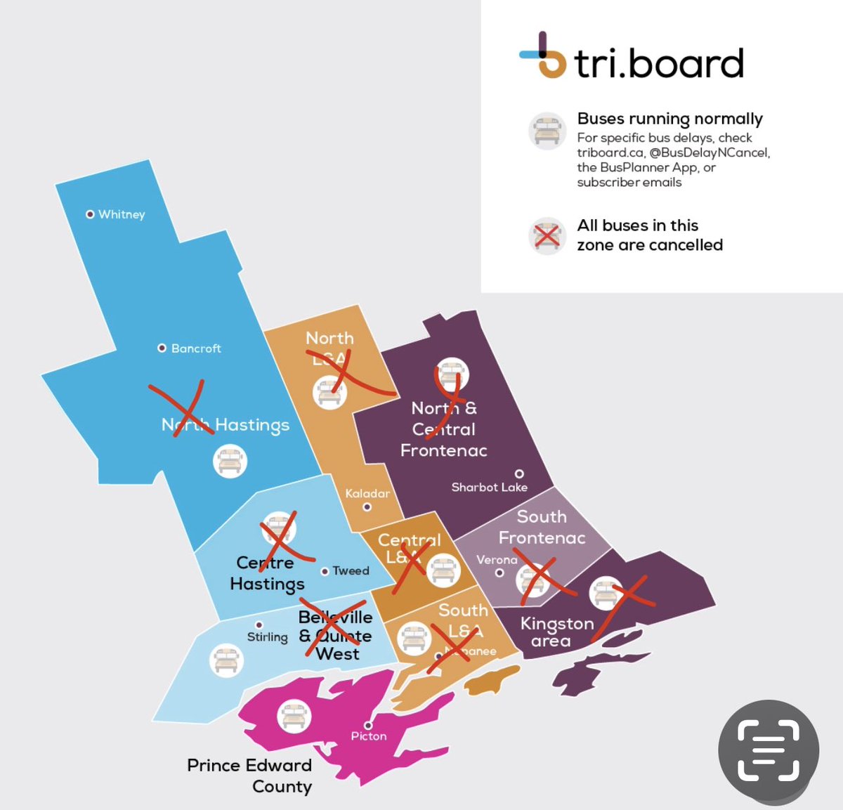 January 18. Buses in Prince Edward County are operating today. All other zones are canceled due to current icy road conditions especially on secondary roads and side streets.