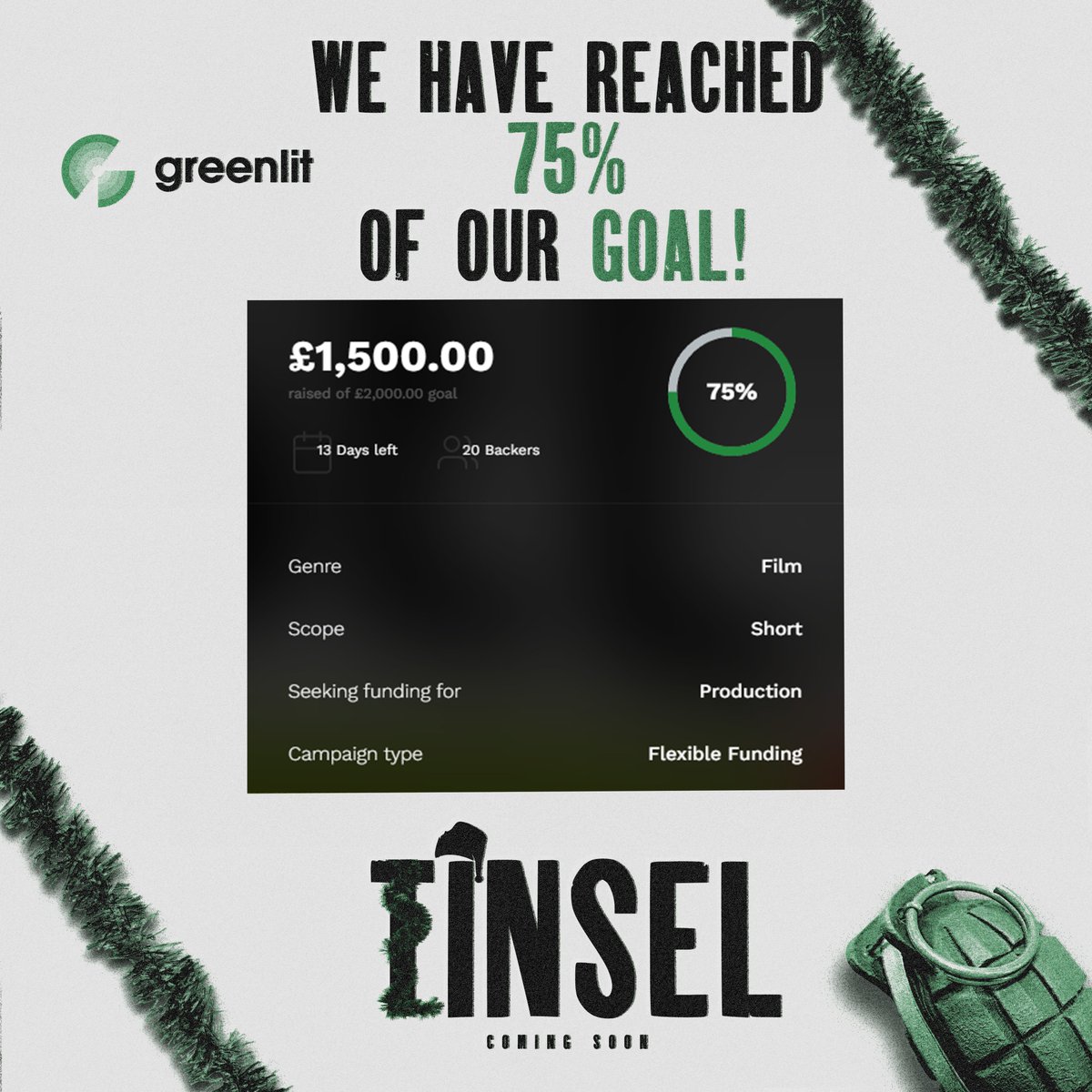 TinselFilm's tweet photo. YIPPIE KAY YAY for you lovely people who have only gone and got us to 75%! You’re all action heroes! Every one of you! We’re so close to reaching our fundraising goal but still need your help! So please SHARE with all your loved ones and don��t forget to follow us for updates! https://t.co/V8D6zc8GGU