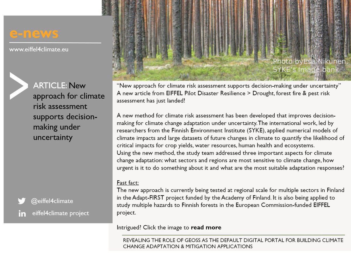 eiffel4climate's tweet photo. 📢#NewArticle 
💡“New approach for🌍climate risk assessment supports decision-making under uncertainty” from @eiffel4climate pilot #disaster #resilience > #drought #forest #fire &amp; pest risk assessment.
🧐Intrigued? Read more at👉https://t.co/PkdzwZ38Ly

@SYKEint @stefan_fronzek https://t.co/UhGgbdQFz3