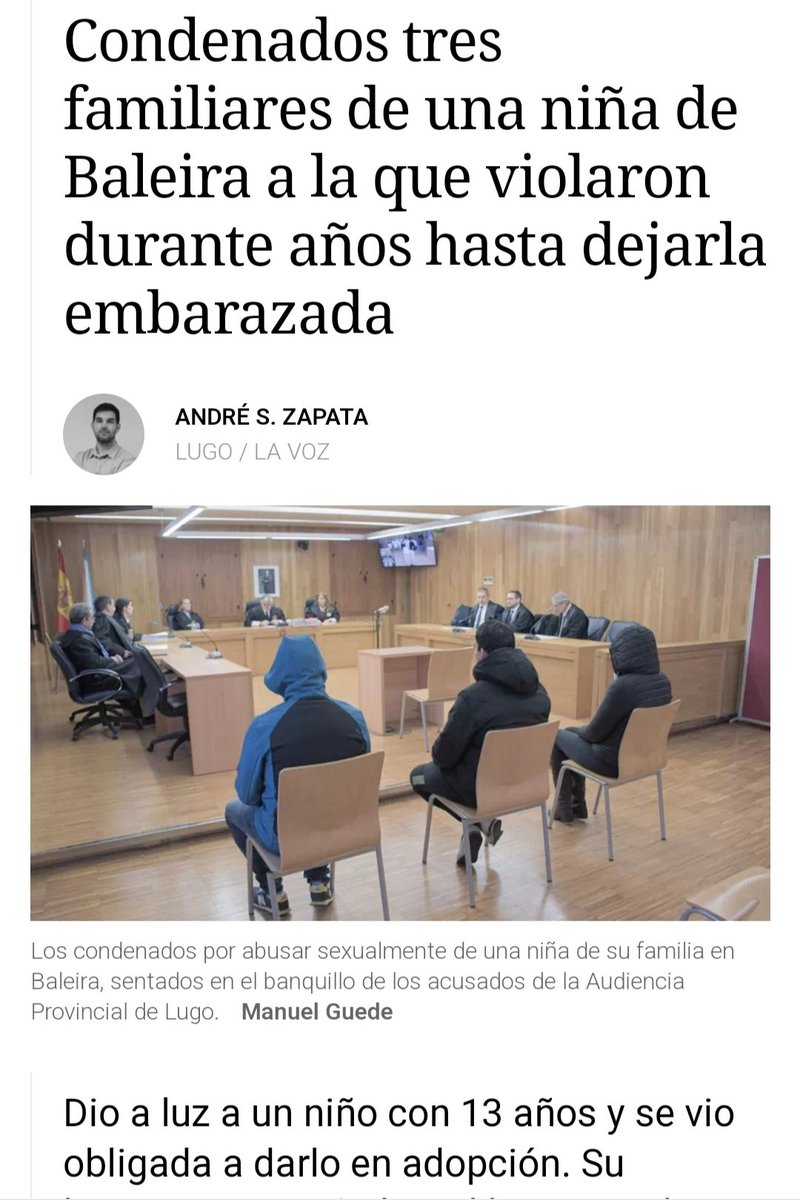3 desgraciados violan a una niña desde los 6 hasta los 13 años que la dejan embarazada y ésta tras un parto durísimo tiene que dar a su hijo en adopción.

Estos 3 energúmenos han dejado una niña muerta en vida y su pena...¡3 años! Eso no es justicia, es una maldita vergüenza. ✂️