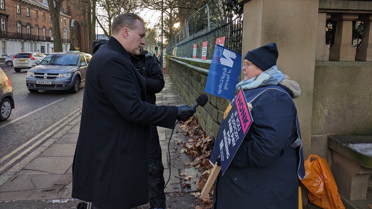 RCNEastMids's tweet photo. Sandy Harding, Associate Director (Professional Practice) for RCN Wales being interviewed by Central News on the picket line at @DCHStrust. 

#FairPayForNursing #RCNStrike https://t.co/mn6g72E5LG