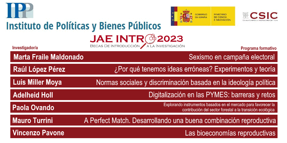 IPP_CSIC's tweet photo. Si eres uno de los galardonados con la Beca @JAEIntro_CSIC, en el Instituto de Políticas y Bienes Públicos ponemos a tu disposición siete programas formativos para iniciar tu andadura en la investigación científica. No dudes en contactar con nosotros vía DM o correo electrónico. https://t.co/qd5l2Q2sJo