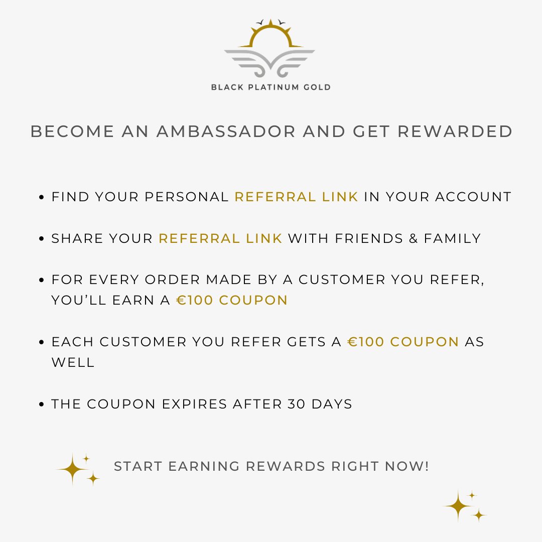 BlackPlatinumG's tweet photo. Become an #Ambassador and get rewarded with #discount coupons!
* Share your Referral Link with friends &amp; family
* Earn a €100 coupon for every order made by a customer you refer
* Each customer you refer gets a €100 coupon
https://t.co/bRNEFAJr0B
#Referral #travel #coupons https://t.co/nLiExvydNs