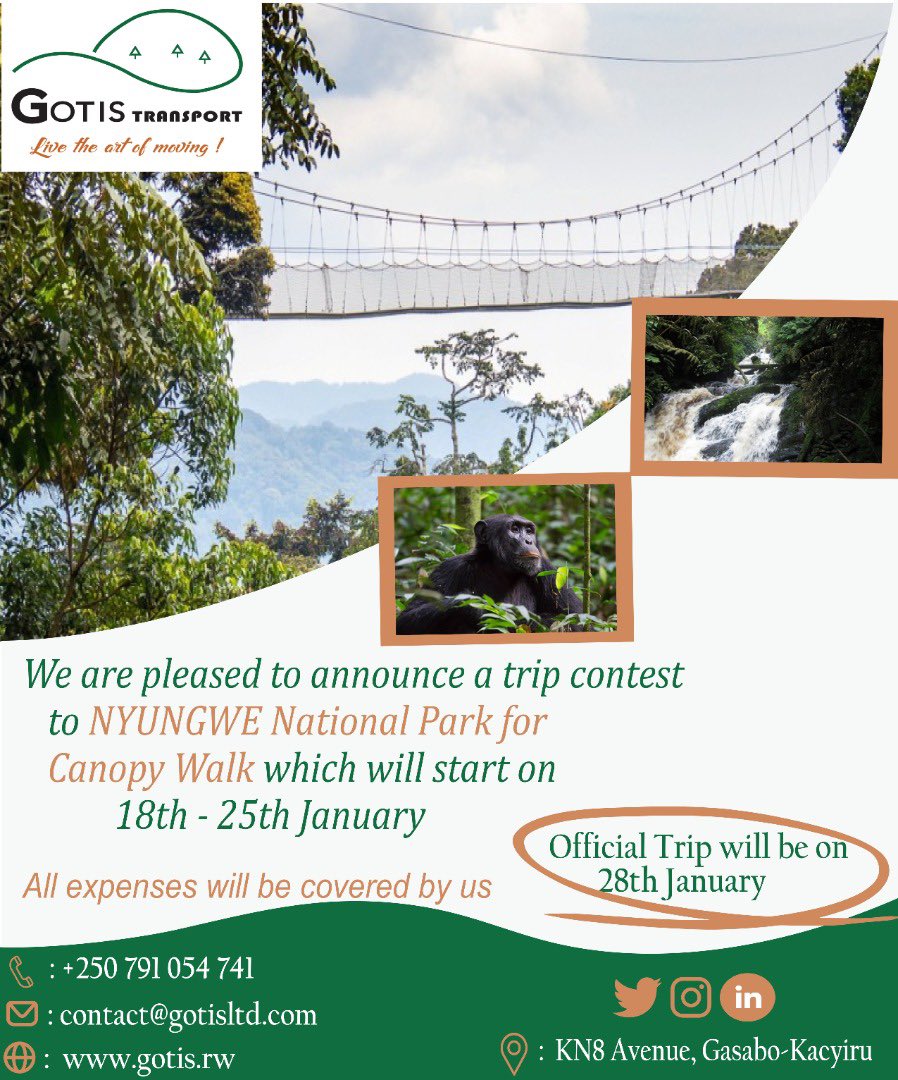 GotisTransport's tweet photo. We are heading to NYUNGWE National Park for magnificent views and Canopy Walk . To come with us, tag the person you want to travel with like and repost our tweet with #VisitRwandaWithGotis #WeareGPN 
You must be following our account as well, 2 winners will be chosen . Let’s go! https://t.co/ynGrusXmEq