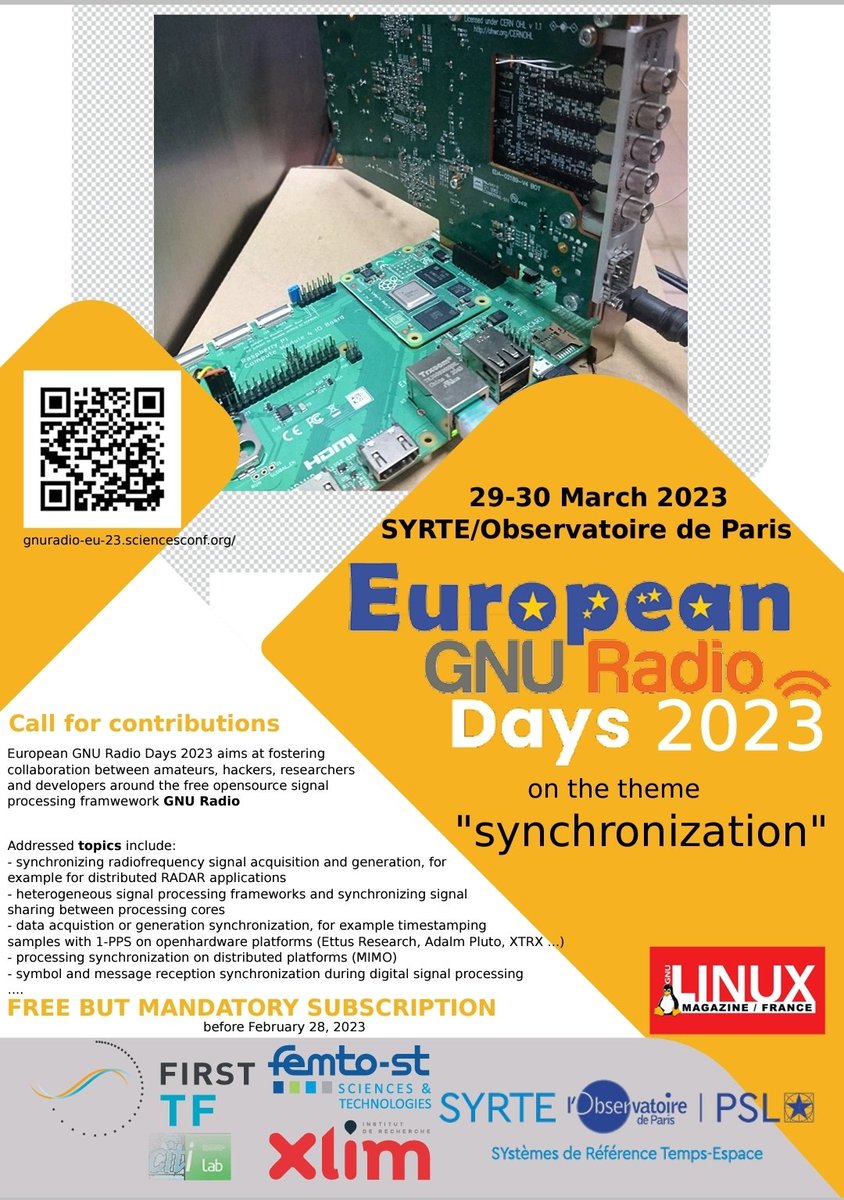 The event is coming! Do not forget to subscribe at the 5th European GNU Radio days 2023, 29-30 March in Paris, France. gnuradio-eu-23.sciencesconf.org Common theme for this year:⏳🕰⏰🛰 #synchronization