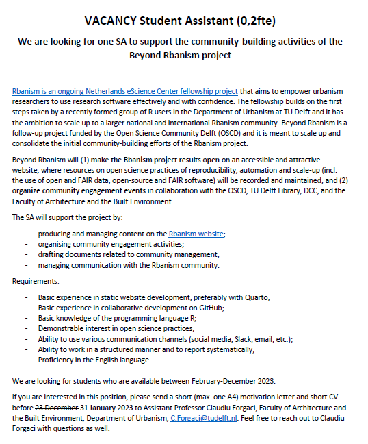 OSCDelft's tweet image. 📡Interested in #Rlanguage and want to support the community-building efforts at TU Delft? 📩Apply for this student assistant positon by 31 Jan or share it with others who might be interested! All ❓ to our #OSCD member @claudiuforgaci
at C.Forgaci@tudelft.nl. 
#OpenScience