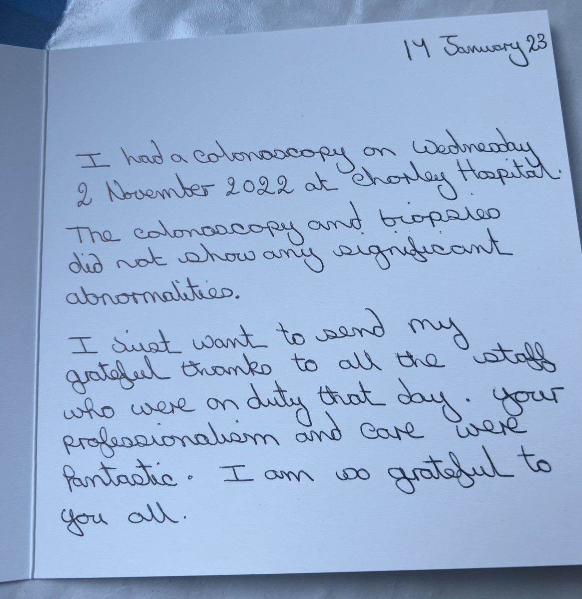 A lovely #letter of #thanks <a href="/LancsHospEndo/">LancsHospEndoscopy CDH Chorley</a> <a href="/LancsHospitals/">Chorley & Royal Preston</a> what a lovely #expression of gratitude for care received from the nursing team😌🤝we take great #pride knowing the #patient felt #safe, #secure &amp; #supported and put at ease during their #procedure ☺️