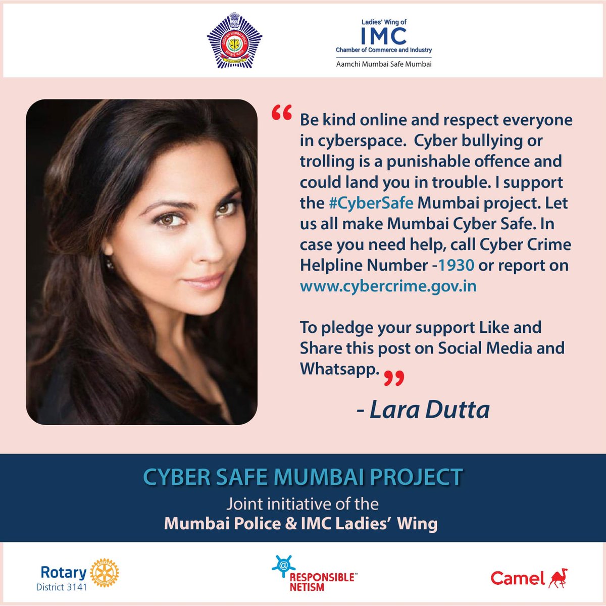 IMCLWSafeMumbai's tweet photo. Lara Dutta supports the #CyberSafe Mumbai Project - a joint initiative of the Mumbai Police &amp; IMC Ladies' Wing.
Cyber Crime awareness through a Poster Competition for School Children. Register:  https://t.co/mkMEfD1262
#SafeSchoolSpaces #AamchiMumbaiSafeMumbai #IMCLadiesWing https://t.co/MYpjFWtQ2t