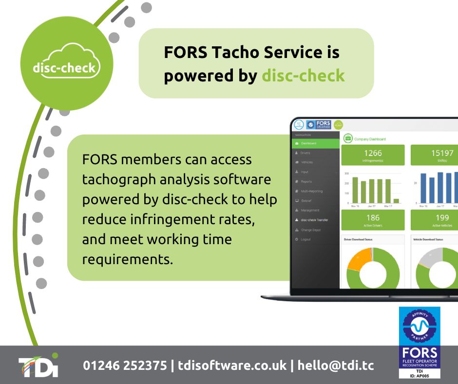 TDiSoftware's tweet image. Did you know that #FORS Tacho Service is powered by disc-check?
FORS members can benefit from easy to use #TachographAnalysis software that will fulfil the D7 requirement of the FORS Standard.

For more info go to bit.ly/3CZMOED
#FleetManagement #TransportSolutions