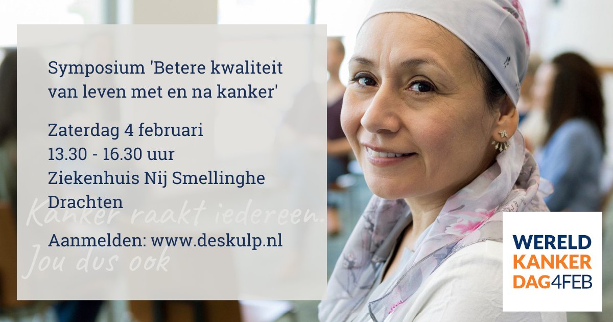 Op zaterdag 4 februari is het Wereldkankerdag. Op deze dag organiseren Oncologisch Netwerk Friesland en De Skulp in ziekenhuis Nij Smellinghe een symposium met het thema 'Betere kwaliteit van leven met en na kanker'. Info en aanmelden: bit.ly/3QN4TLO 
#wereldkankerdag