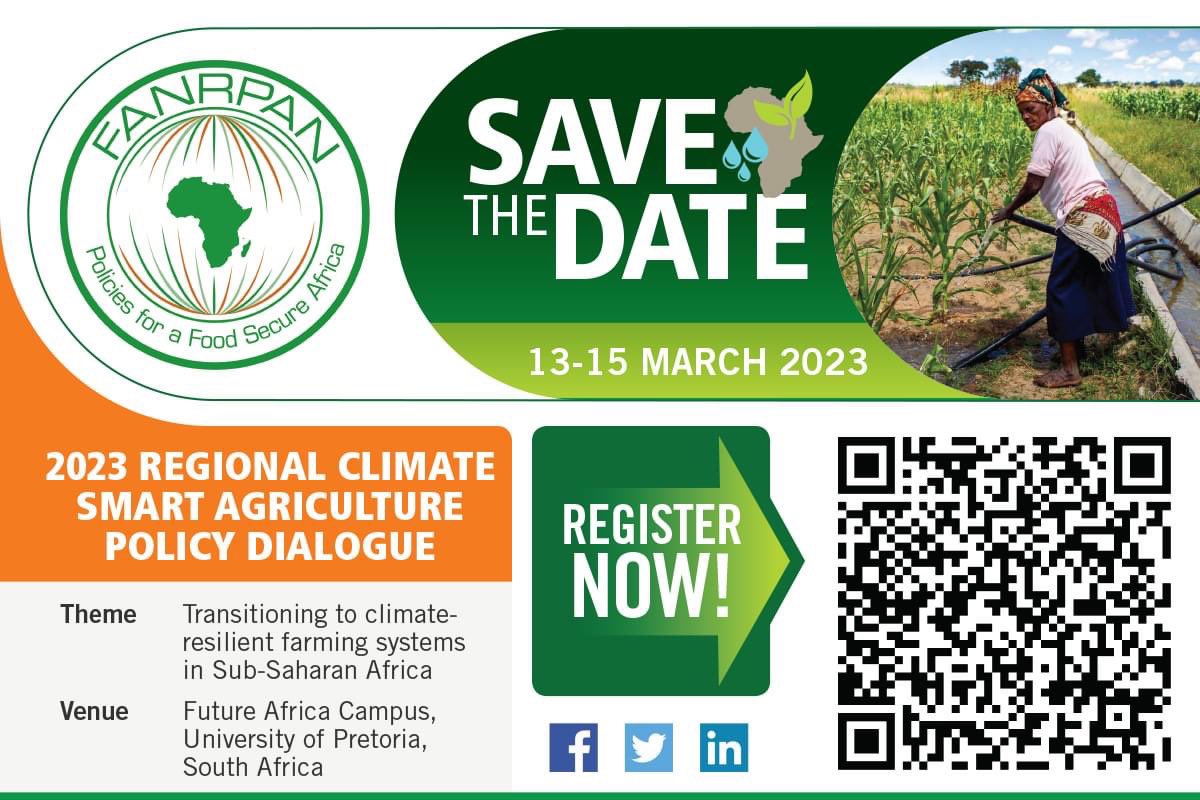 Tshilidzi Madzix (@madzixtshilidzi) on Twitter photo #TeamFANRPAN is preparing to host the 2023 Regional Climate Smart Agriculture Policy Dialogue on climate-resilient farming systems.
🗓️ 13 - 15 March 2023
🏢<a href="/FutureAfricaUP/">Future Africa Platform</a> Campus, University of Pretoria
RSVP 👉🏽 bit.ly/3Vd2ZER
#FANRPAN #PolicyDialogue #TISAProject #TeamFANRPAN is preparing to host the 2023 Regional Climate Smart Agriculture Policy Dialogue on climate-resilient farming systems.
🗓️ 13 - 15 March 2023
🏢<a href="/FutureAfricaUP/">Future Africa Platform</a> Campus, University of Pretoria
RSVP 👉🏽 bit.ly/3Vd2ZER
#FANRPAN #PolicyDialogue #TISAProject