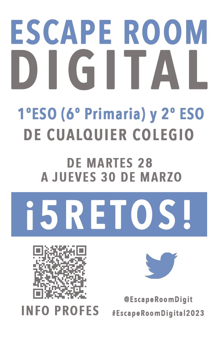 Encantados de anunciar que lanzamos el #EscapeRoomDigital2023
Podéis encontrar la información e inscripción en sites.google.com/view/escaperoo… 
También podéis seguir el código QR de la imagen adjunta.
Novedad: el juego estará abierto tres días para facilitar horarios y logística.
