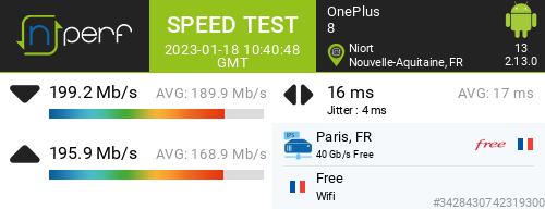 cayennne17's tweet image. Wifi 6 2.4Ghz@20Mhz

↓199163 kb/s ↑195915 kb/s, ⇄ 16 ms / wifi:Free / #OnePlus8 / #nPerf v2.13.0 /
