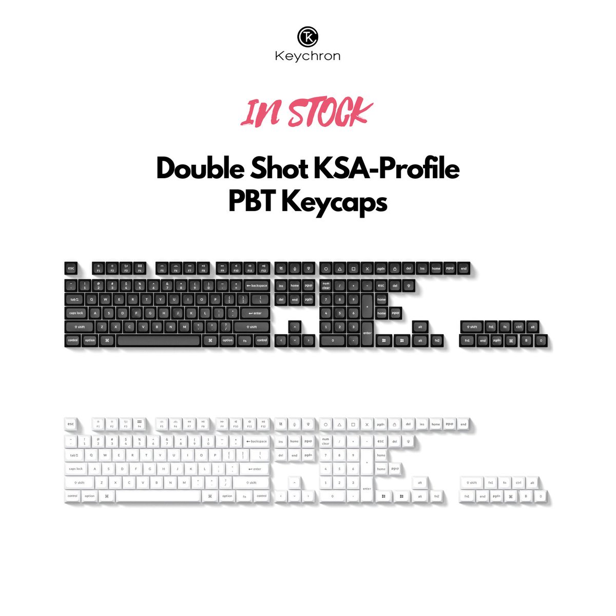 KeychronMK's tweet photo. In stock📣 The Double-shot KSA profile PBT keycap sets (White on Black, Black on White) are now in stock again, thanks for your patience, feel free to grab them now👉🏻https://t.co/P2ewNVgWyc
#keychron #pbtkeycap https://t.co/M6qoiDA4Wn