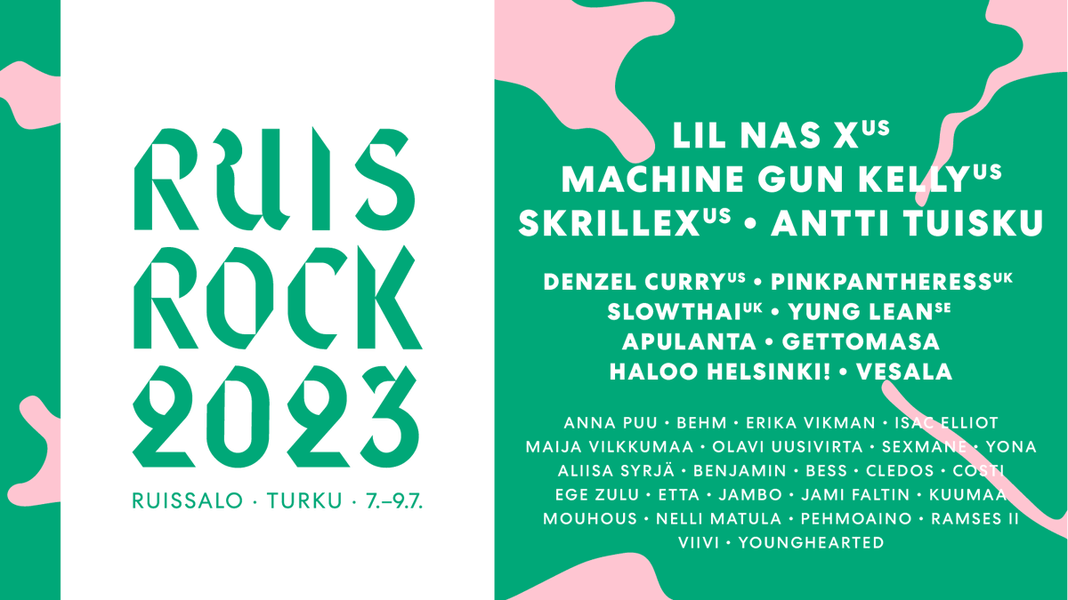 #Ruisrock2023 ohjelma täydentyy tuliterillä vahvistuksilla 🔥 Kansainväliseen kattaukseen ripauksen rockia ja räiskyviä riimejä tuo Machine Gun Kelly, ja kotimainen ohjelma kasvaa rakastetuilla tutuilla ja nousevilla nimilllä. VIP- ja Plus-liput myynnissä: ruisrock.fi/liput/