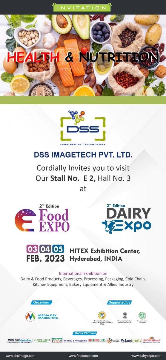 DSSImagetech's tweet photo. Keen to share the information that DSS is going to participate in Food Expo Event at HITEX Exhibition Centre, Hyderabad.

Meet us at stall no E2 in hall no 3 on 3 Feb to 6 Feb 2023.

Excited to see you all!

#DSS #inspiredbytechnology  #Event #Foodtesting #Dairy #dairyproducts https://t.co/PS3dDG53wt