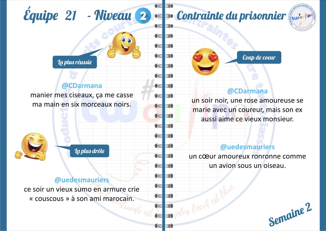 Bravo aux classes de l' #EQ21 pour leurs phrases respectant la contrainte du prisonnier. Voici les résultats !!!
<a href="/AlbensCM1/">CE2 CM1 Albens Entrelacs</a>
<a href="/CeCmSV1/">CeCmSV</a>
<a href="/CMKommanna/">Klas ar re CM</a>
<a href="/uedesmauriers/">UEdesMauriers#22</a>
<a href="/ecole_lesAbrits/">ecole des abrits</a>
@CDarmana
@CMStSeurinB