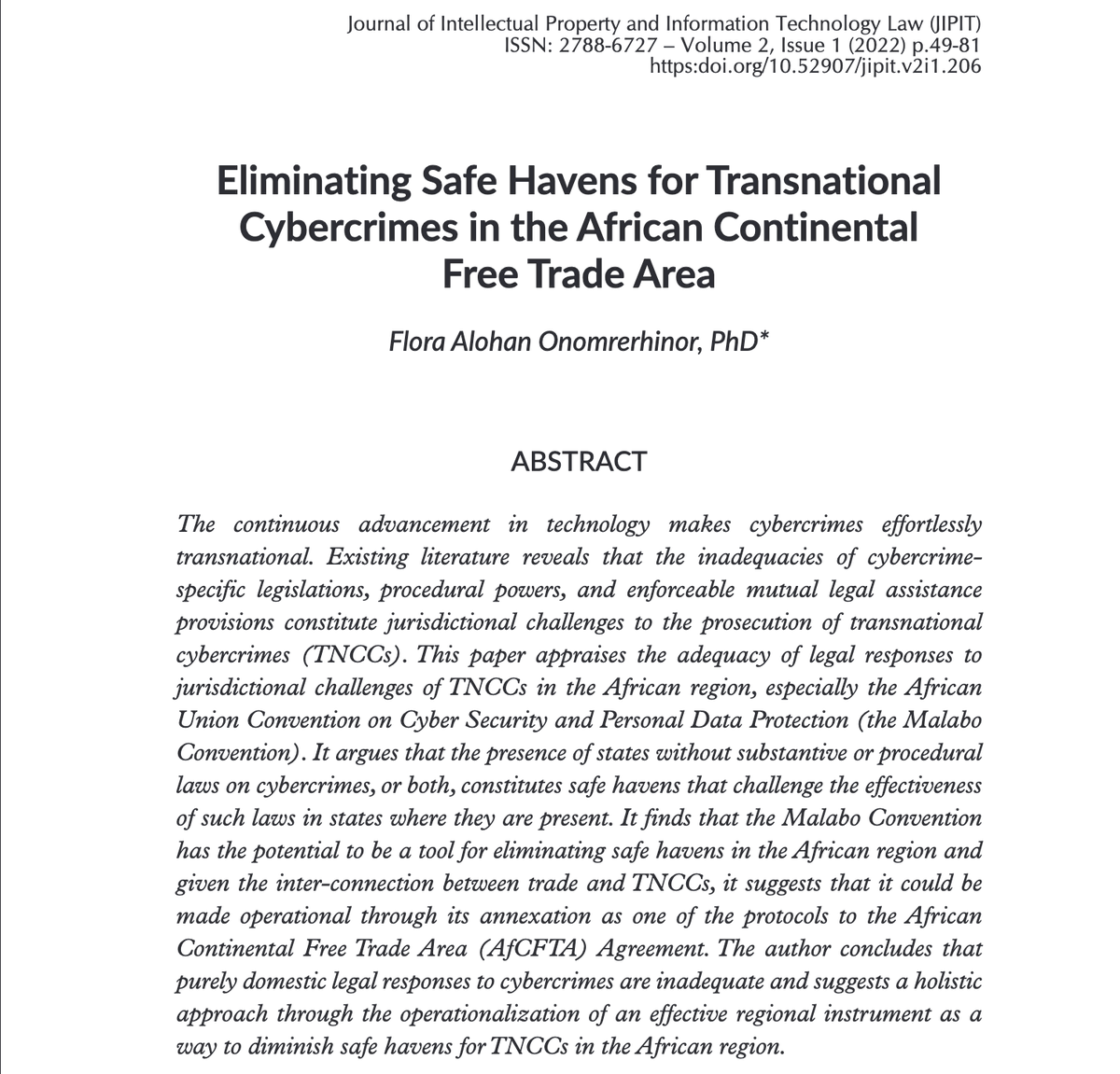 StrathCIPIT's tweet photo. Read Flora Alohan Onomrerhinor's article on eliminating safe havens for TNCCs in the AfCFTA here--https://t.co/ZxTPvMaNCN. Below is a preview. 👀

#JIPIT_Vol2 #TNCCs #cybersecurity #AfCFTA #MalaboConvention #trade https://t.co/HbK0Umfoej