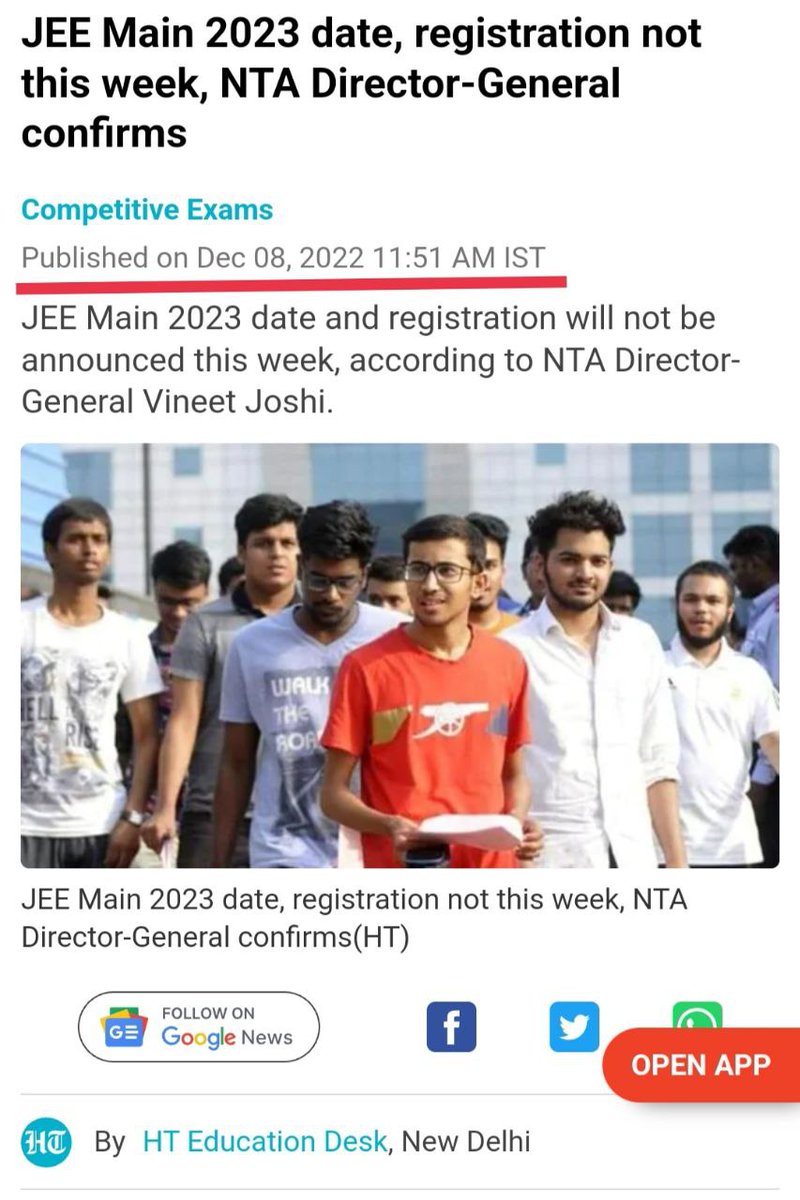 shashwat7219's tweet photo. 6/n
Students' expectation of the conduction of exams was from April.
Now fast forwarding the story let's come to December 8,2022,Again new news came in from HINDUSTAN TIMES again quoting NTA DIRECTOR-GENERAL,"JEE Main 2023 date,registration, not this week".
#PradhanJiBlessJEE23 https://t.co/d0e6N6bM35