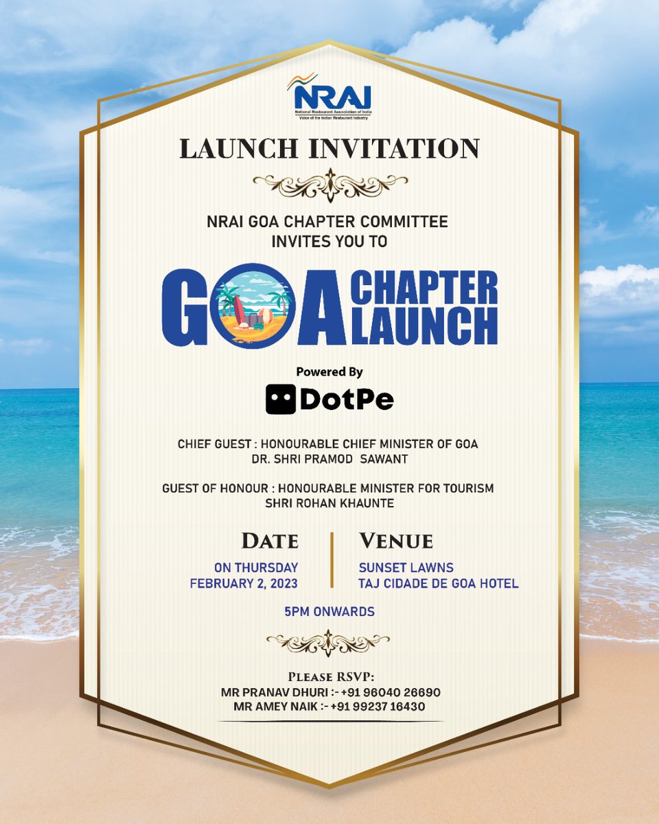 NRAI_India's tweet photo. NRAI is proud to announce the launch of our newest chapter in Goa on 2nd February 2023.

Powered by @dotpe

Stay tuned for updates!

#NRAI #NRAIGoaChapter #GoaChapter #ChapterLaunch #Restaurants #Networking #RestaurantIndustry https://t.co/Hg6nBOJYZH