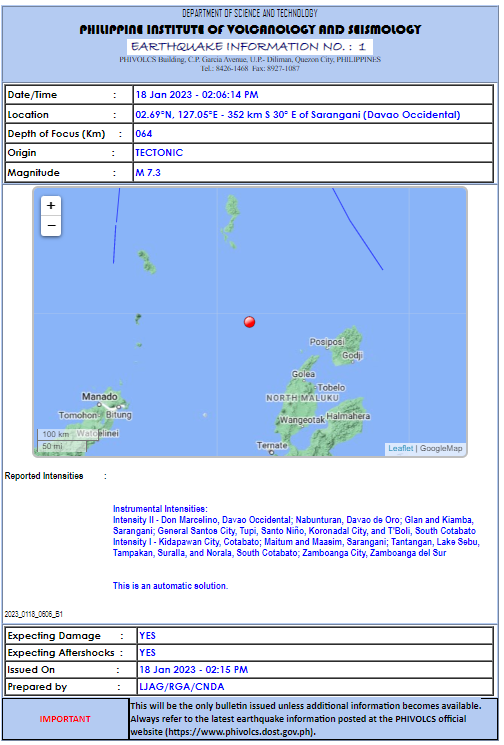 gmanews's tweet photo. JUST IN: Naitala ang 7.3 magnitude na lindol sa Sarangani, Davao Occidental kaninang 2:06 p.m., ayon sa PHIVOLCS.

Mag-ingat at maging #IMReady, mga Kapuso! https://t.co/sF6vfI13w9