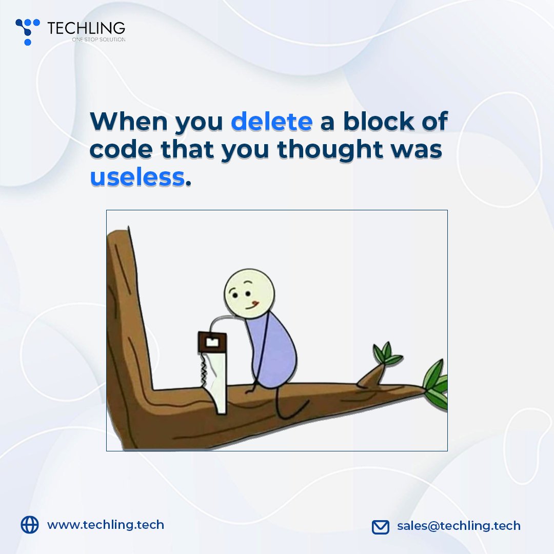 techling_pvt's tweet photo. Only Coders Can Understand. What Happens When You Delete a Block of Code You Thought Was Useless and Your Complete Code…
.
.
#developersjobs #developers #programmers #coders #softwarecompany #life #developerslife #memeoftheday #techling https://t.co/FpB3w3VRMU