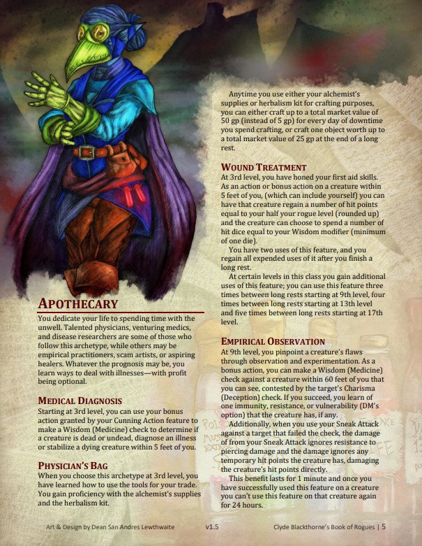 Someone_Named_D's tweet photo. In 2019, this started out as a few 5e Rogue subclasses... then some backgrounds, some poisons, some cantrips, and some wacky magic items.
But it was really all about writing and making art for D&amp;D and a huge love letter to a campaign with my friends.
https://t.co/unSRlDkEiW https://t.co/RLNDwoOqM5