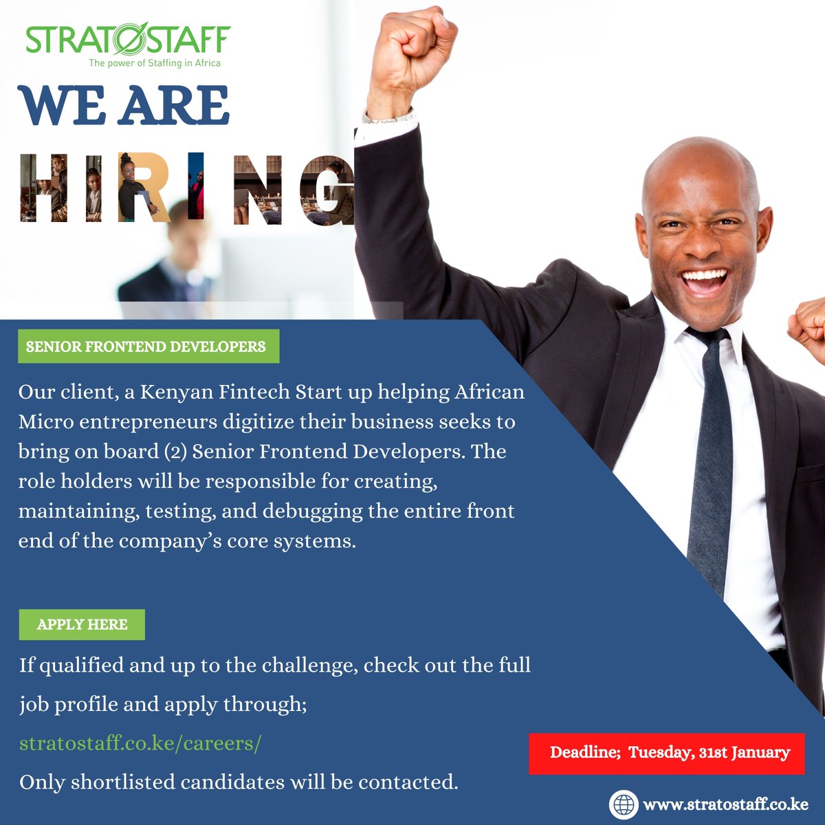 _StratostaffEA's tweet image. 2 Senior Frontend Developers Vacancy Alert

If qualified and up to the challenge, check out the full job profile and apply through; lnkd.in/d3Gdf89d
Only shortlisted candidates will be contacted.

#frontenddevelopers  #Stratostaff #vacancyalert