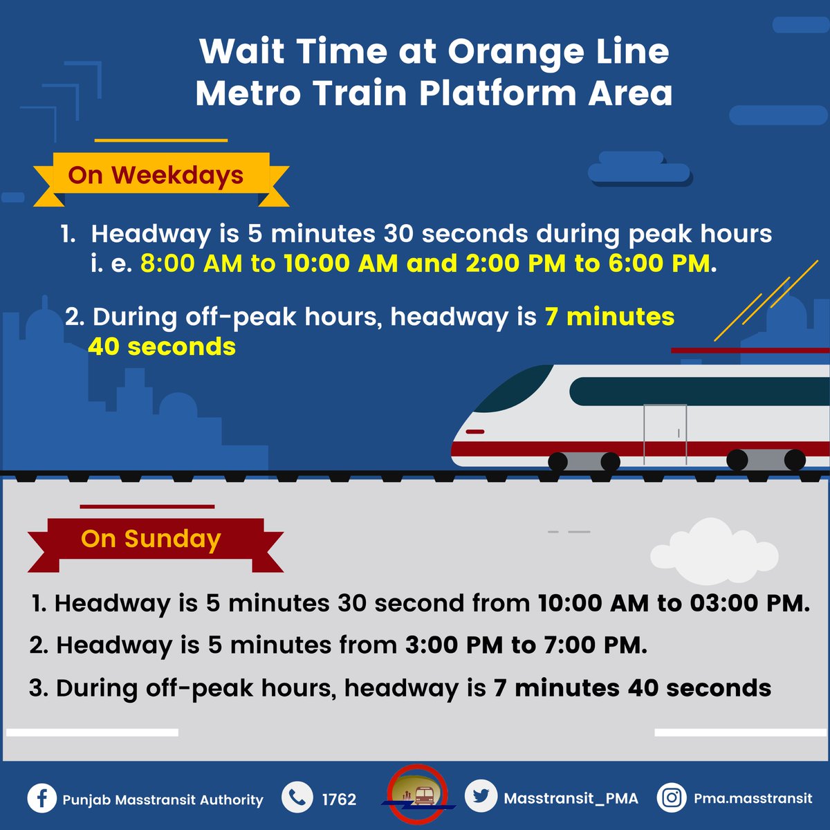 Masstransit_PMA's tweet photo. Wait time at Orange Line Metro Train Lahore.  
#Updated #Timings #Headway #Olmt #Pma #OrangeLineMetroTrain #Pakistan #Lahore #punjabmasstransitauthority #punjab #service #transport https://t.co/PdFBy3roIq