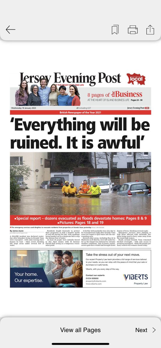 tominnes's tweet photo. Inland flooding is a real risk in many places, but you don’t expect to see residents being rescued via dinghies &amp; tractors in Jersey. Terrible for families - up to 50 - worst affected, hats off (again) to responders. Full coverage in today’s @JEPnews https://t.co/TJdx6lXoYf