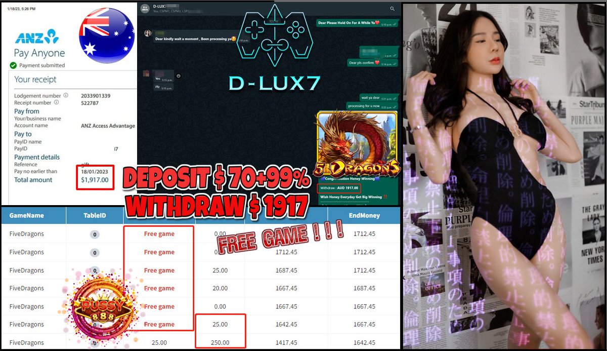 Dlux7Drive's tweet photo. PRODUCT - 🎮 PUSSY888 🎮

GAME - 🔥 FIVE DRAGONS 🔥 

🎰‼️‼️ FREE SPIN BIG WINNING ‼️‼️🎰

DEPOSIT : 💥 AUD 70.00 + DAILY 99%💥
CASHOUT : 💥 AUD 1,917.00 💥

===============

🔹WELCOME BONUS 177%
🔹DAILY BONUS 30%
🔹UNLIMITED BONUS 10%
🔹DAILY AUTO REBATE 5%-10% https://t.co/4c2YaeHyqH