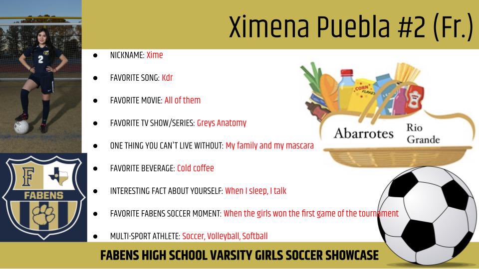 FISDgirlsSOCCER's tweet photo. ⭐️⚽️VARSITY SOCCER SHOWCASE 2023⚽️⭐️

Player Name: Ximena Puebla 
No. #2
Position: Midfield
Banner Fundraiser Sponsor: Abarrotes Rio Grande
C/o 2026

#year2remember https://t.co/2KbydDOxId