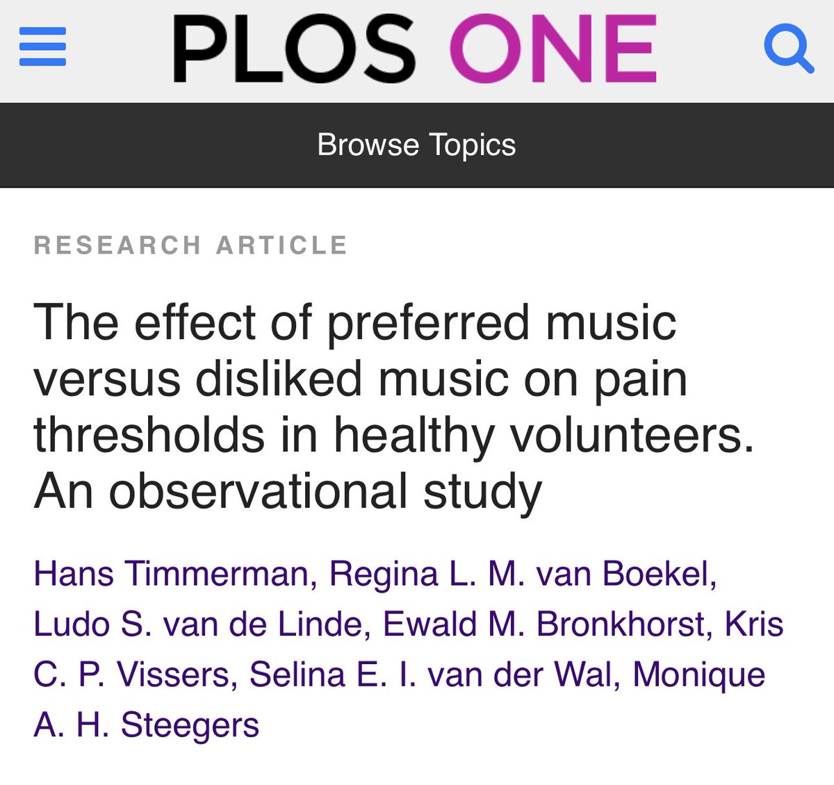🎶 Listening to preferred music when receiving painful stimuli leads to higher pain thresholds and lower perceived pain scores in comparison with disliked music. Preferred music could be beneficial for patients with pain or undergoing painful procedures journals.plos.org/plosone/articl…