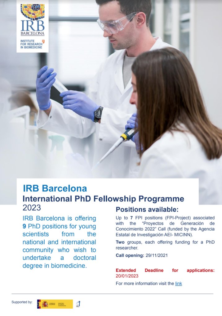 📢Last days to apply for the 2023 #IRBBarcelona International #PhD #Fellowship Program!

🚨Deadline extended till 20 January!🚨

A🔝opportunity to find great labs to develop your PhD in beautiful #Barcelona.

Apply now➡️bit.ly/IRBPhD2023

#IRBJobs #PhDChat #ResearchJobs