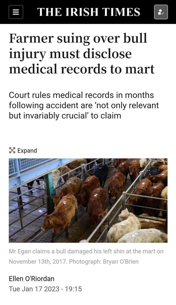 "A farmer suing a mart over alleged injuries to his shin caused by a bull has been ordered by the court to provide the mart with his medical records for five months after the alleged accident."

#InsuranceReform 

irishtimes.com/crime-law/cour…