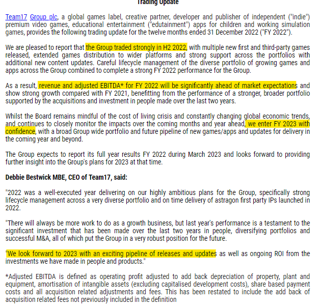 1James1n1's tweet image. #TM17 - Following their rushed TU on 9th Jan in response to the pw from #FDEV, today they add more colour to the update with a note that &quot;revenue and adjusted EBITDA for FY 2022 will be significantly ahead of market expectations and show strong growth compared with FY 2021&quot;.