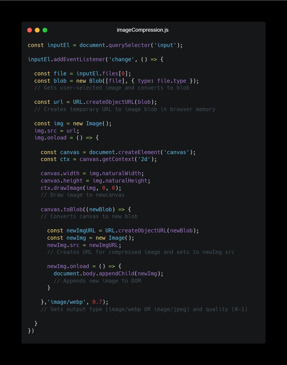openjavascript's tweet image. Vanilla JavaScript image compression app (client-side) 🖼️🗜️
👉 YT tutorial: bit.ly/3XlBuL8
👩💻 Blog with source code: openjavascript.info/2022/12/22/com…
#compression #canvasapi #images #app #frontend #webdevelopment #clientside