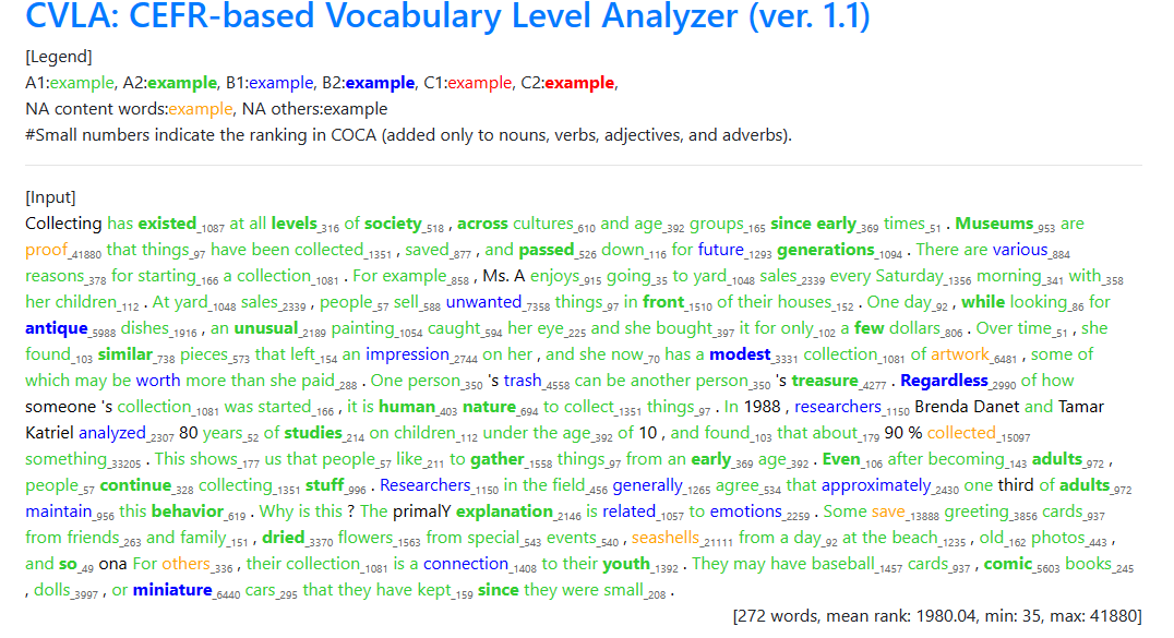 iwasenenglish's tweet photo. CVLA: CEFR-based Vocabulary Level Analyzer
英文を貼り付けて、パスワード（Historyと書いてある真上に書いてあります）を入力してsubmitを押すだけで、すべての語彙がCEFR-JのWordlistのどれに分類されているかを色分けしてくれます
共通テスト第6問Aで分析してみました
https://t.co/oMamlYKaKa https://t.co/5Ck2ILm6do