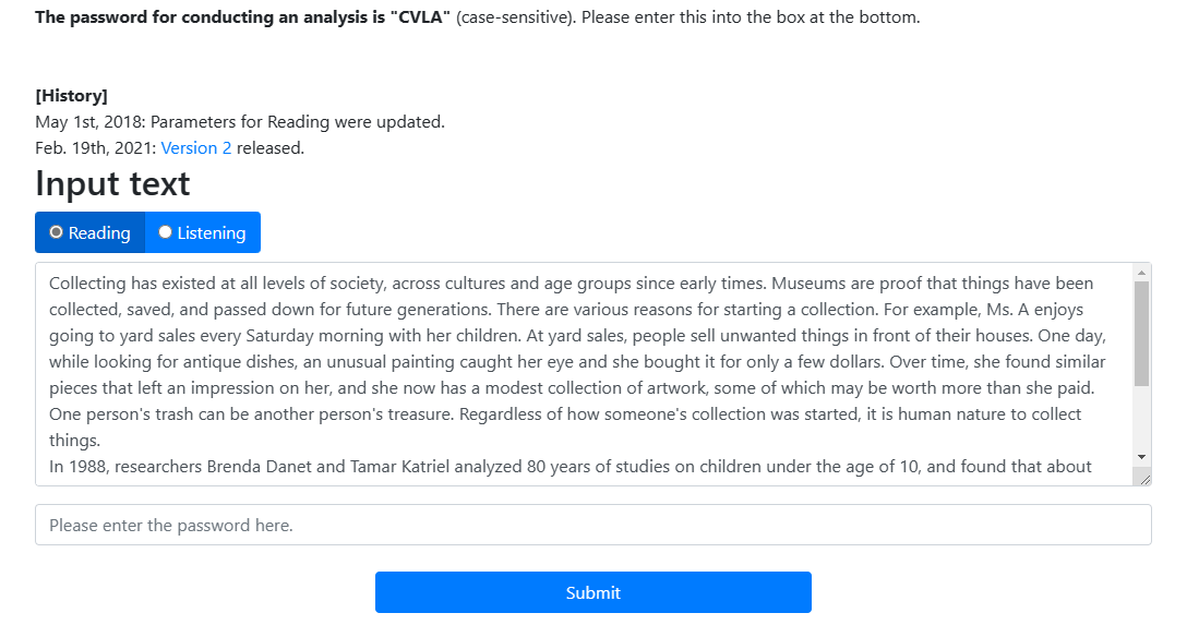 iwasenenglish's tweet photo. CVLA: CEFR-based Vocabulary Level Analyzer
英文を貼り付けて、パスワード（Historyと書いてある真上に書いてあります）を入力してsubmitを押すだけで、すべての語彙がCEFR-JのWordlistのどれに分類されているかを色分けしてくれます
共通テスト第6問Aで分析してみました
https://t.co/oMamlYKaKa https://t.co/5Ck2ILm6do